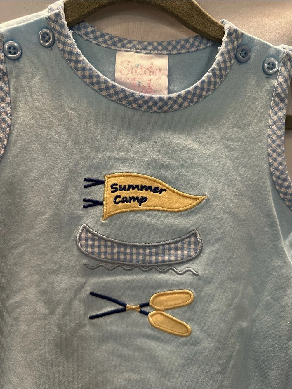 Summer Camp Light Blue Sleeveless Baby One-Piece by (unknown)